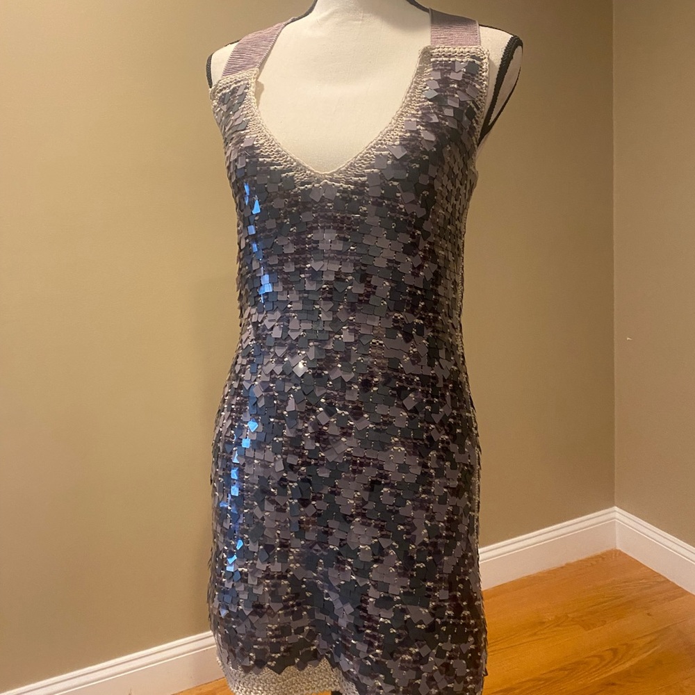 Cocktail dress woven with plastic geo details. Made in Italy